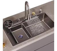 Grand évier de cuisine cascade en acier inoxydable gris canon avec rondelle en verre et accessoires - Design moderne simple bol 78 x 45 cm Parfait pour les cuisines élégantes de la maison