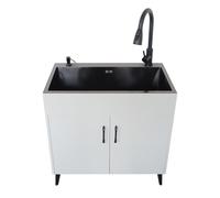 Grand évier de cuisine commercial à 2 portes avec robinet et distributeur de savon, idéal pour les restaurants et la buanderie (50 x 40 x 78 cm)