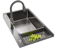 Grand évier de cuisine en acier inoxydable 304 avec siphon latéral, design robuste, bol simple, avec kit d'accessoires pour cuisines, hôtels et restaurants (75 x 46 cm)