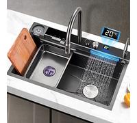 Grand évier de cuisine en acier inoxydable 304 noir - Design nid d'abeille cascade - Bassin à légumes japonais à fente unique avec accessoires pour cuisines modernes