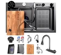 Grand évier de cuisine en acier inoxydable avec égouttoir - Poste de travail à cuve unique pour installation à encastrer - Kit complet de vidange inclus (noir, 80 x 45 x 22 cm)