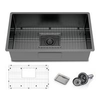 Grand évier de cuisine encastrable en acier inoxydable noir 81 x 48 cm cuve simple revêtement nano avec grille inférieure et système d'évacuation pour cuisines modernes