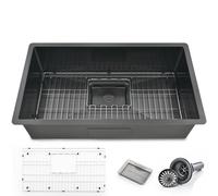 Grand évier de cuisine encastrable en acier inoxydable noir 84 x 48 cm avec grille inférieure de protection et système d'évacuation pour cuisines modernes