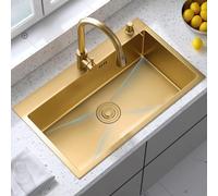 Grand évier de cuisine simple avec robinet extractible - Évier de poste de travail nano doré avec accessoires pour une cuisson et un nettoyage efficaces