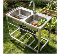 Grand évier double cuve, évier commercial en acier inoxydable 304 avec bassin profond de 20 cm, eau chaude et froide, piège en U anti-odeur, for buanderie, jardin, restaurant