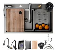 Grand évier en acier inoxydable avec effet Waterfall - Multifunctional Single Bowl Workstation Sink with Drain Button & Complete Accessories (Black Grey 70 x 50 cm)