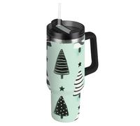 Grand gobelet réutilisable en acier inoxydable avec couvercle et paille avec poignée pour eau, thé glacé ou café, motif Merry Christmas with Mint and Green Trees, 1200 ml