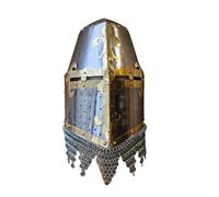 Grand heaume de chevalier médiéval de Königsberg - Casque tonneau avec finition bleuie, accents en laiton et queue de cotte de mailles for reconstitution/GN(Primary color)