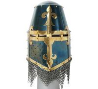Grand heaume de chevalier médiéval de Königsberg - Casque tonneau avec finition bleuie, accents en laiton et queue de cotte de mailles for reconstitution/GN(Blue)