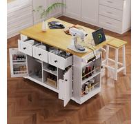 Grand îlot de cuisine de 133 cm avec feuille tombante, prise de courant, 5 roulettes, rangement interne, 5 étagères latérales ouvertes, idéal pour la cuisine et la salle à manger, blanc (tabourets de