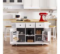 Grand îlot de cuisine de 134,6 cm avec 2 tabourets de bar, prise de courant, 5 roues, feuille de chute, 3 tiroirs, 5 étagères ouvertes, étagère de rangement interne, chariot de rangement de cuisine