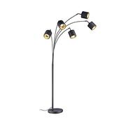 Grand lampadaire à 5 ampoules avec abat-jour en tissu noir/doré, hauteur 200 cm