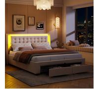 Grand Lit Double 180x200 avec LED, Lit Coffre Cadre de lit avec tiroirs Lit Capitonne Velours Lit Adulte Lit Rembourré, Beige