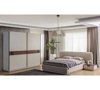 Grand lit double textile beige Armoire en bois Tables de nuit modernes