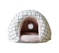 Grand lit igloo d'intérieur en peluche chaude pour chat - Lit semi-fermé avec balle moelleuse à suspendre - Avec fond antidérapant - Blanc