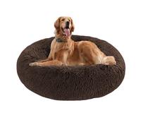 Grand lit rond en forme de donut pour chien anti-anxiété, avec fond antidérapant, lavable, coussin chauffant en forme de donut, lavable (130 x 130 x 20 cm, marron)