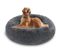 Grand lit rond en forme de donut pour chien anti-anxiété, avec fond antidérapant, lavable, coussin chauffant en forme de donut, lavable (130 x 130 x 20 cm, gris foncé)