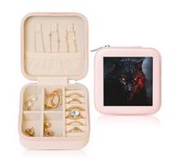 Grand loup noir aux yeux rouges - Boîte à bijoux de voyage en cuir - Petit organisateur de bijoux pour femme - Bagues et colliers - Cadeau - Rose