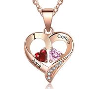Grand Made 2 Nom Collier avec Pendentif Coeur Stimulé 2 Pierre de Naissance avec chaîne Pierre de Naissance avec nom Bijoux plaqués en Argent Sterling 925 (Or Rose, Argent)