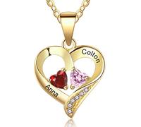 Grand Made 2 Nom Collier avec Pendentif Coeur Stimulé 2 Pierre de Naissance avec chaîne Pierre de Naissance avec nom Bijoux plaqués en Argent Sterling 925 (d'or, Argent)