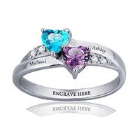 Grand Made bagues mères personnalisées avec pierre de naissance simulée Choisissez 2 pierres de naissance 2 noms et 1 gravure, bague personnalisées et personnalisées Silver Ring Ladies (61)