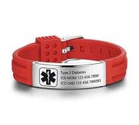 Grand Made Bracelet de gravure en silicone médical réglable de gravure du bracelet d'urgence pour les hommes en acier inoxydable Bracelet imperméable (Rouge et argent 1, Acier)