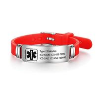 Grand Made Bracelet de gravure en silicone médical réglable de gravure du bracelet d'urgence pour les hommes en acier inoxydable Bracelet imperméable (Rouge et argent 2, Acier)