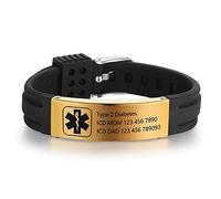Grand Made Bracelet de gravure en silicone médical réglable de gravure du bracelet d'urgence pour les hommes en acier inoxydable Bracelet imperméable (Noir et or, Acier inoxydable)