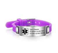 Grand Made Bracelet de gravure en silicone médical réglable de gravure du bracelet d'urgence pour les hommes en acier inoxydable Bracelet imperméable (Violet et argent, Acier)