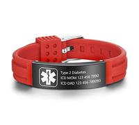 Grand Made Bracelet de gravure en silicone médical réglable de gravure du bracelet d'urgence pour les hommes en acier inoxydable Bracelet imperméable (Rouge et noir, Acier)