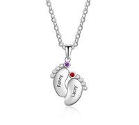 Grand Made Personnalisé Argent Pieds Bébé Collier Anniversaire De La Mère avec 2 Pierres Précieuses Pierre De Naissance avec Nom 2 Gravé Collier Bijoux