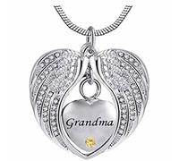 Grand-mère Angel Wing Birthstone Cremation Urn Crystal Collier Heart Memorial Pendant Bijoux en acier inoxydable