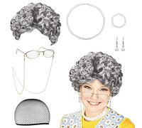 Grand-Mère Perruque Kit de Deguisement,Perruque de grand-mère, Vieille Dame Grise Longue Naturelle Lunettes Ronde Collier Fausse, Sangle de Chaîne de Lunettes