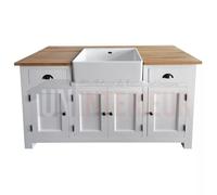 Grand meuble évier de cuisine en pin massif, évier inclus - Straight : Finition - Blanc, Plateau - Chêne massif naturel