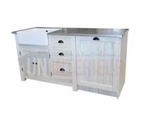 Grand meuble évier et lave-vaisselle de cuisine en pin massif, évier à gauche - Straight : Finition - Pin naturel brut, Plateau - Chêne massif naturel