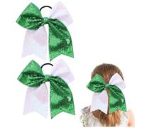 Grand nœud à paillettes vertes et blanches pour cheveux - Nœud scintillant pour queue de cheval - Bande élastique pour pom-pom girl, adolescente, fille, université - Vert et blanc