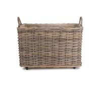 Grand panier à bûches doublé de toile de jute en rotin à roues