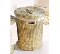Grand panier à linge en jonc de mer, diamètre : 47 x 55 cm, avec couvercle et insert amovible en textile, couleur cime, design naturel
