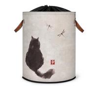 Grand panier à linge japonais motif chat noir - Panier de rangement pliable - Panier à linge en tissu avec couvercle à cordon de serrage