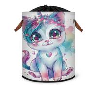 Grand panier à linge pliable avec couvercle à cordon de serrage - Motif chat et licorne