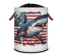 Grand panier à linge pliable avec couvercle à cordon de serrage pour chambre à coucher, salle de bain, motif drapeau américain, motif requin blanc