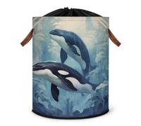 Grand panier à linge pliable avec couvercle à cordon de serrage pour chambre à coucher, salle de bain - Motif baleine des océans
