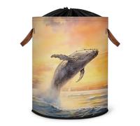 Grand panier à linge pliable avec couvercle à cordon de serrage pour chambre à coucher, salle de bain, animaux marins en forme de baleine