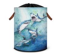 Grand panier à linge pliable avec couvercle à cordon de serrage pour chambre à coucher, salle de bain, motif requin aquarelle