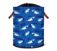 Grand panier à linge pliable avec couvercle à cordon de serrage pour chambre à coucher, salle de bain, motif requin de dessin animé