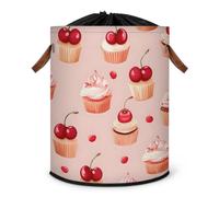Grand panier à linge pliable avec couvercle à cordon de serrage pour chambre à coucher, salle de bain, motif cerises et cupcakes