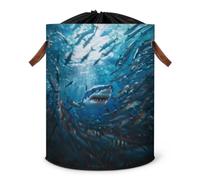 Grand panier à linge pliable avec couvercle à cordon de serrage pour chambre à coucher, salle de bain, motif requin de dessin animé océan