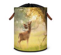 Grand panier à linge pliable en bois de cerf avec couvercle à cordon de serrage pour chambre à coucher, salle de bain