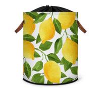 Grand panier à linge pliable en forme de feuilles de fruits et de citron, panier de rangement en tissu avec couvercle à cordon de serrage