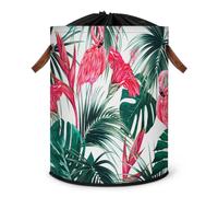 Grand panier à linge pliable en tissu avec couvercle à cordon de serrage Motif feuilles de palmier et flamant rose